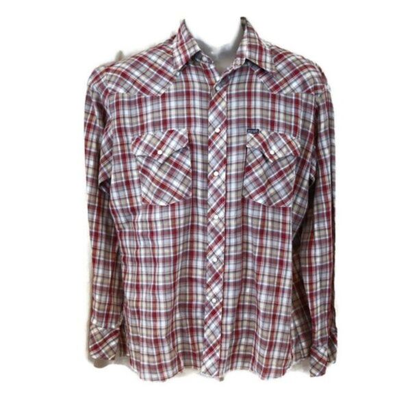 Wrangler Vintage Peal Snap All Over Red Plaid Shirt Long Sleeve Large Western - Picture 1 of 11
